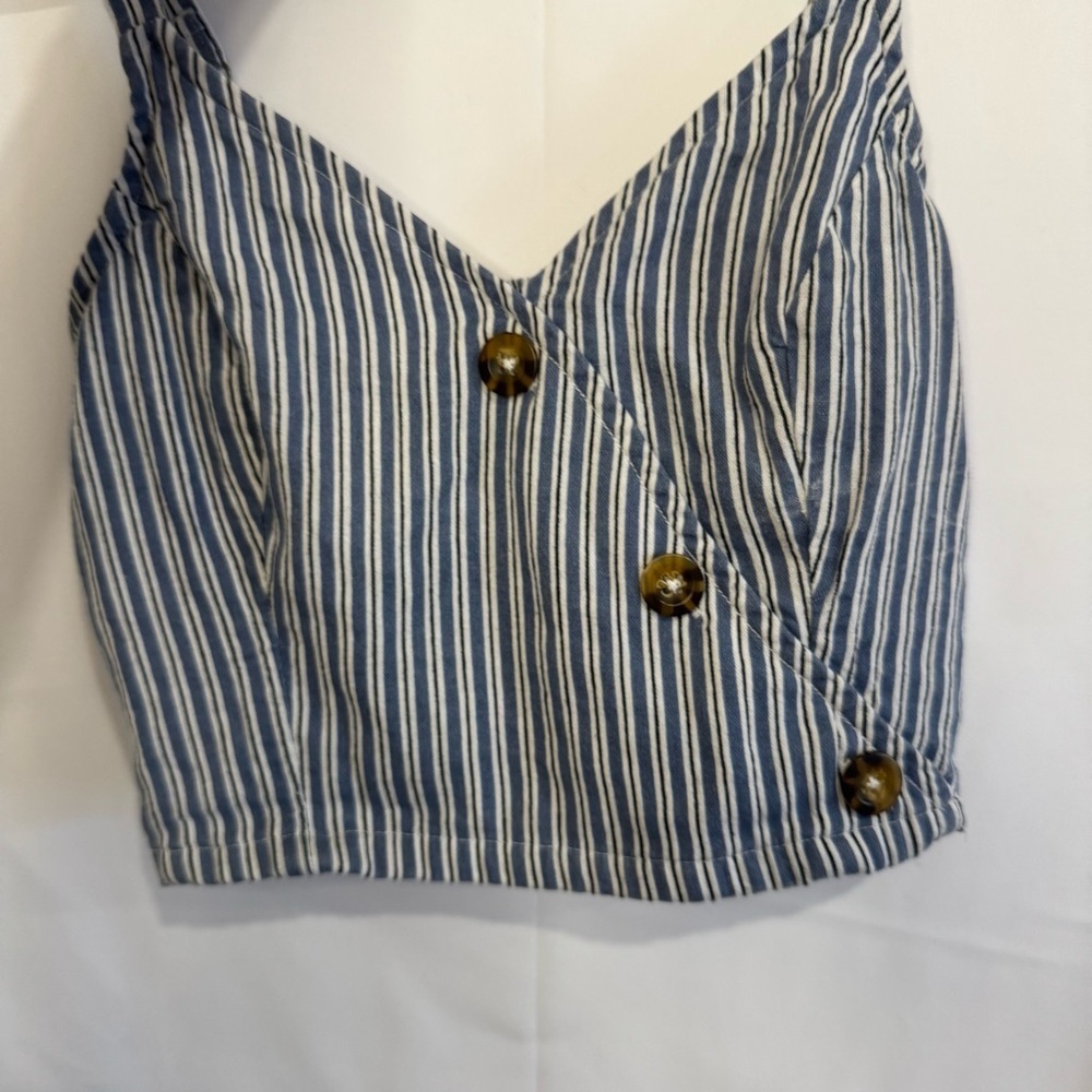 Hollister Women’s Small Blue Stripe Boho Crop Tank Top Buttons - Picture 2 of 5